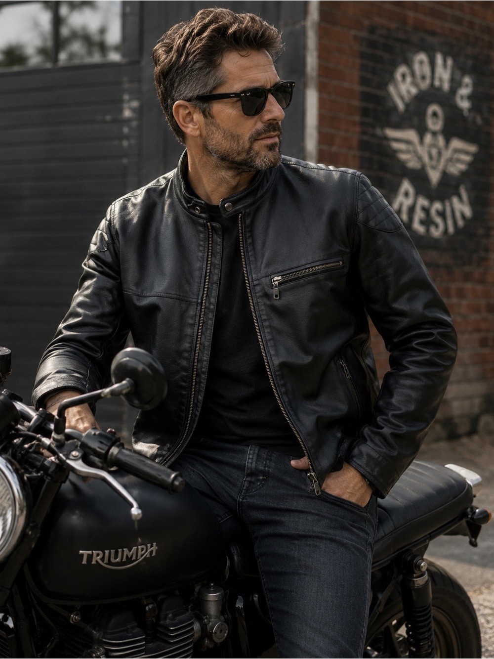 Mens Black Faux Leather Moto Jacket Quilted Lined XL TG Stand Collar Biker